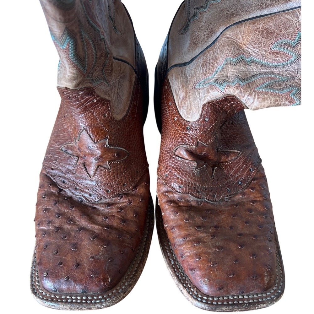 Mens Full Quill Ostrich Leather Western Cowboy Boots Square Toe Cognac Brown